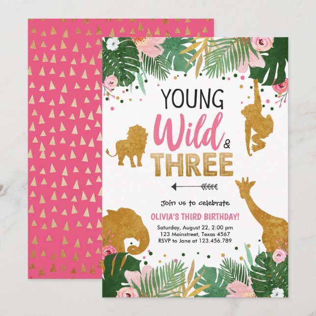 Young Wild and Three Safari Animals Girl zum Gebur Einladung (Vorne/Hinten)