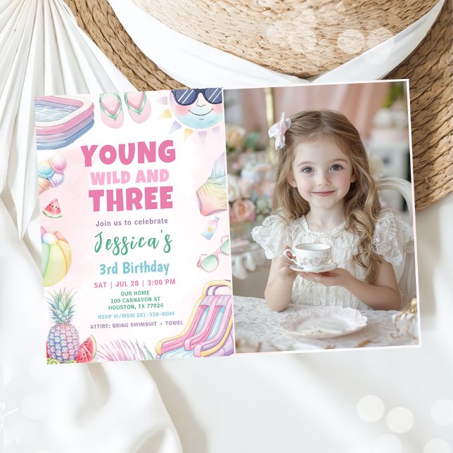 Young Wild And Three - Summer Girl Birthday Photo Einladung (Von Creator hochgeladen)