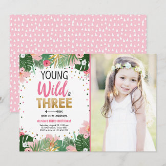 Young Wild and Three Tropical Safari Girl Birthday Einladung