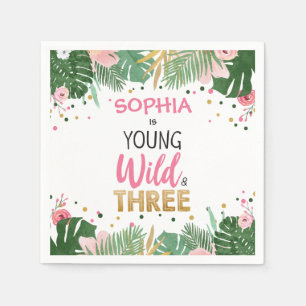 Young Wild and Three Tropical Safari Girl Birthday Serviette