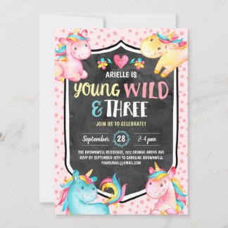 Young Wild and Three Unicorn Birthday Party Einladung