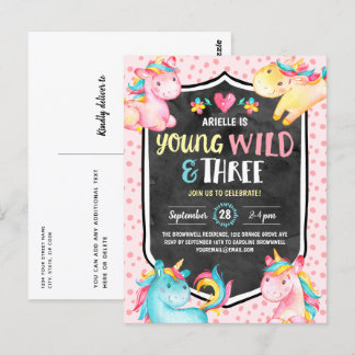 Young Wild and Three Unicorn Birthday Party Postkarte