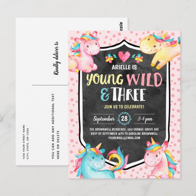 Young Wild and Three Unicorn Birthday Party Postkarte (Vorne/Hinten)