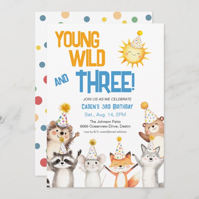 Young Wild Forest Animals Party Hats 3rd Birthday Einladung (Vorne/Hinten)