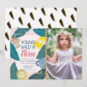 Young Wild & Three Animal Girl Foto Geburtstag Einladung
