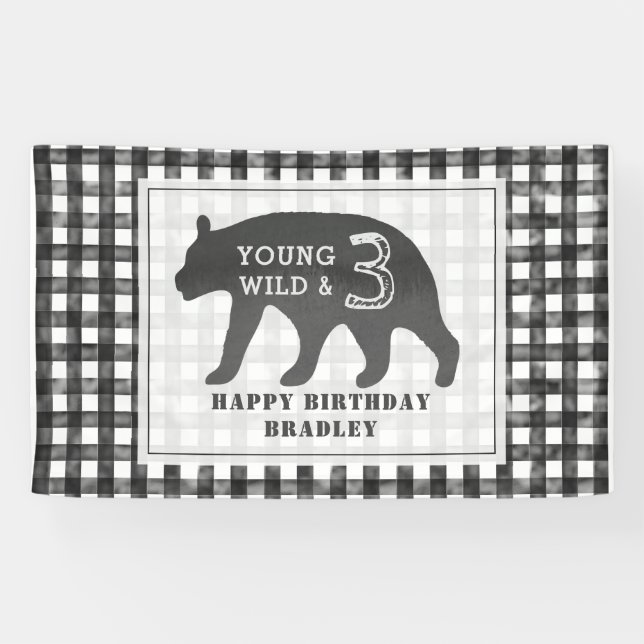 Young Wild & Three Bear Gingham Birthday Banner (Horizontal)