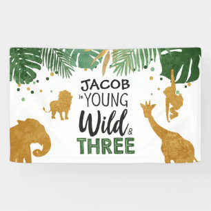 Young Wild Three Birthday Banner Safari Animals
