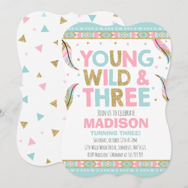 Young Wild & Three Birthday Einladung Wild Party (Vorne/Hinten)