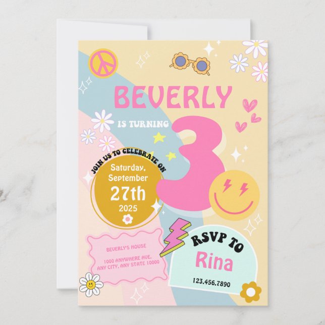 Young, Wild & Three Birthday Invite - Groovy Theme Einladung (Vorderseite)