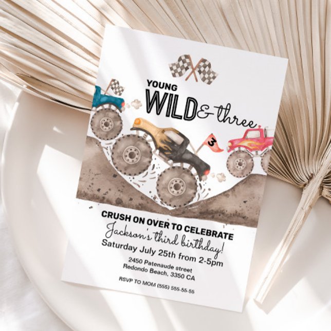 Young Wild Three Birthday Kid Monster Truck laden  Einladung (Young Wild and Three Monster truck invitation, third birthday)