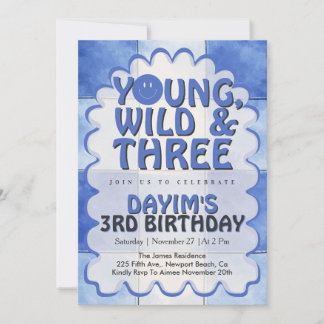 Young Wild & Three Blue Retro Boy 3rd Birthday  Einladung