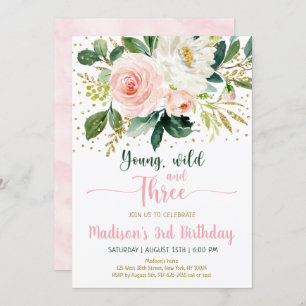 Young Wild & Three Boho Floral Pink Gold Geburtsta Einladung