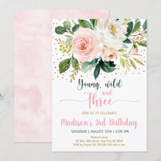 Young Wild & Three Boho Floral Pink Gold Geburtsta Einladung
