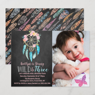 Young, Wild & Three Boho Foto Einladung zum Geburt