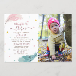 Young Wild & Three Custom Foto Baby Girl Geburtsta Einladung