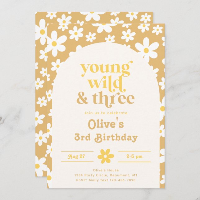 Young, Wild & Three Daisy Einladung | Daisies (Vorne/Hinten)