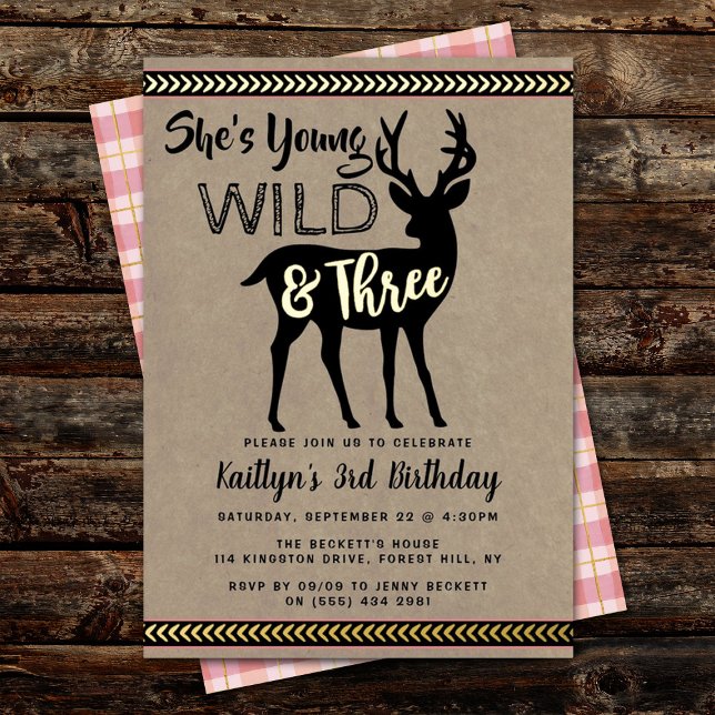 Young Wild & Three Deer Girls 3rd Birthday Real Folieneinladung (Von Creator hochgeladen)