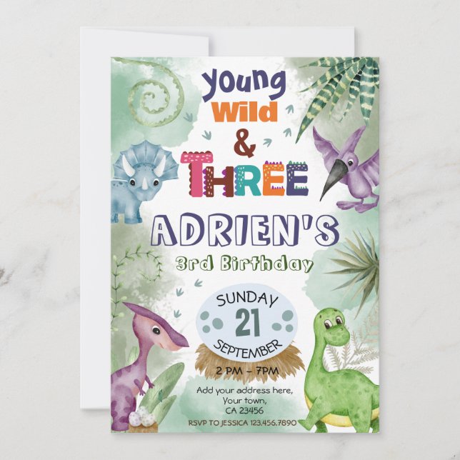 Young Wild & Three Dinosaur Geburtstag Einladung (Vorderseite)