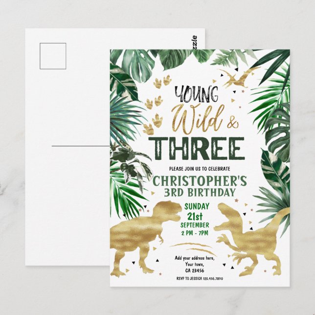 Young Wild & Three Dinosaur Geburtstag Postkarte (Vorne/Hinten)