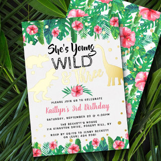 Young Wild & Three Dinosaur Girls 3. Geburtstag Folieneinladung