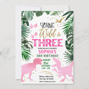 Young Wild & Three Dinosaurier Rosa Geburtstag Einladung