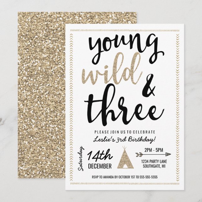 Young Wild & Three Einladung - Black & Gold (Vorne/Hinten)