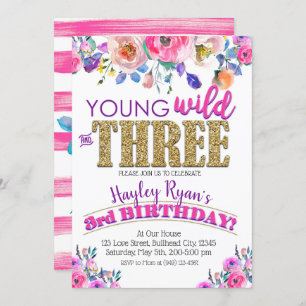 Young Wild & Three Girls Boho Floral 3. Geburtstag Einladung