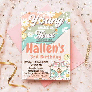 Young Wild & Three Groovy Rainbow 3. Geburtstag Einladung
