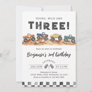 Young Wild Three Monster Truck 3rd Birthday Einladung