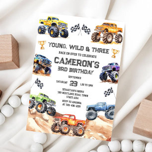 Young, Wild & Three Monster Truck Junge 3. Geburts Einladung