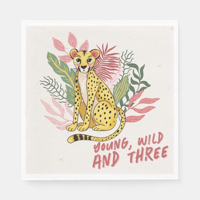 Young Wild Three Pink Cheetah Kids Birthday Party Serviette (Vorderseite)