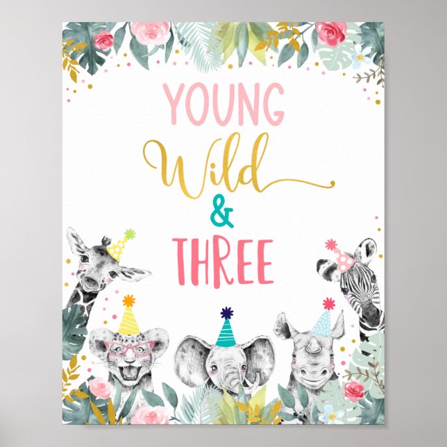 Young Wild & Three Pink Party Animal Birthday Sign Poster (Vorne)