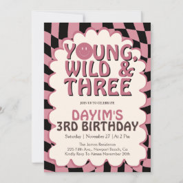 Young Wild & Three Pink Retro Girl 3rd Birthday Einladung