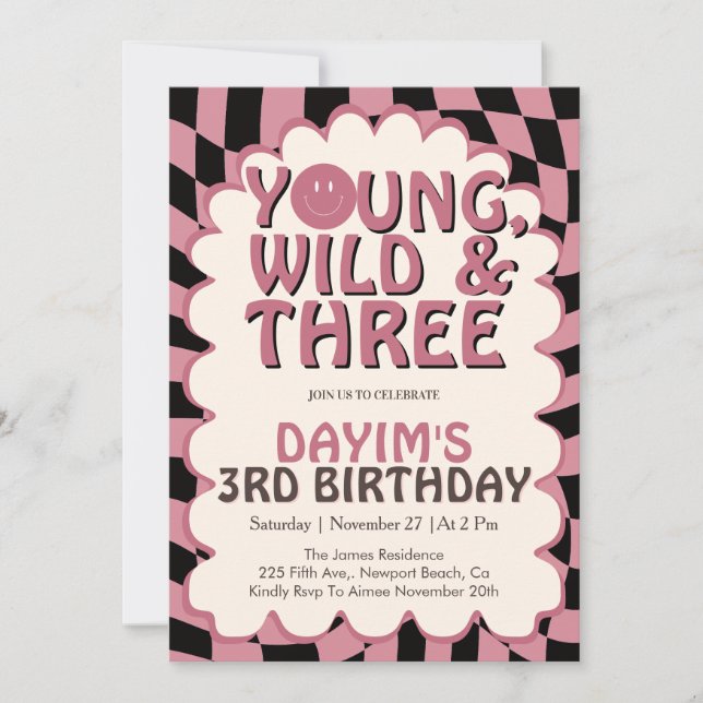 Young Wild & Three Pink Retro Girl 3rd Birthday Einladung (Vorderseite)