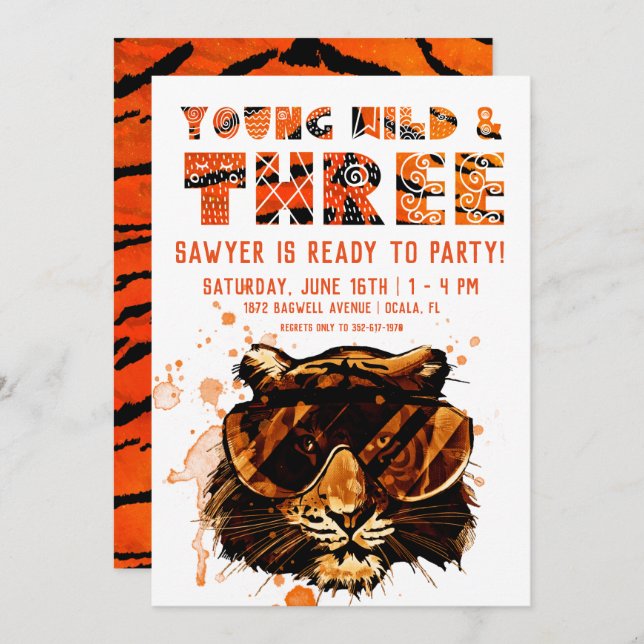 Young, Wild & Three | Punk Tiger Einladung (Vorne/Hinten)