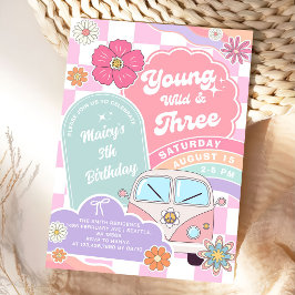 Young wild & Three Rainbow Car Daisy Birthday Einladung