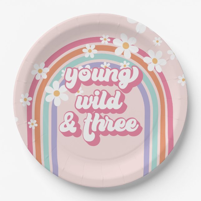 Young Wild Three Rainbow Pink 3. Geburtstag Pappteller (Vorderseite)