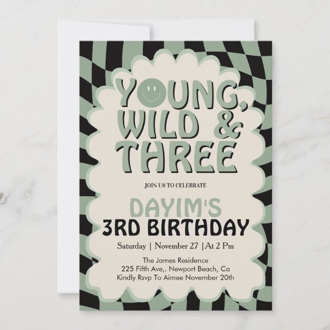 Young Wild & Three Retro 3rd Birthday Party Einladung (Vorderseite)