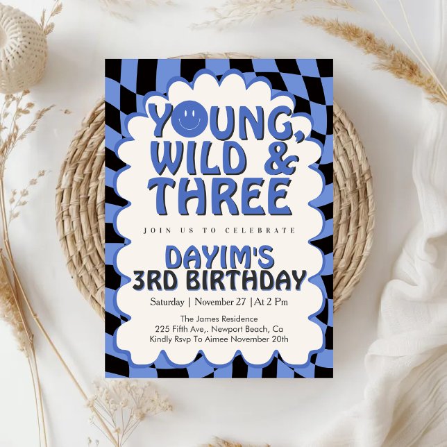 Young Wild & Three Retro Blue Boy 3rd Birthday Einladung (Von Creator hochgeladen)