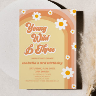 Young Wild & Three Retro Daisy 3. Geburtstags-Part Einladung