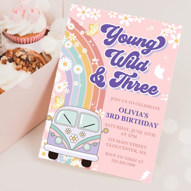 Young Wild Three Retro Rainbow 3. Geburtstag Einladung (Von Creator hochgeladen)