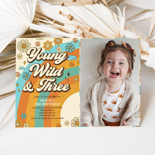 Young Wild Three Retro Rainbow 3. Geburtstags-Foto Einladung
