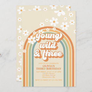Young Wild Three Retro Rainbow Daisy Birthday Einladung