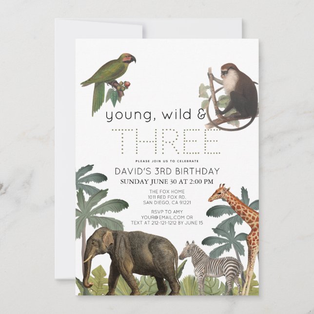 Young Wild & Three Safari Animals 3. Geburtstag Einladung (Vorderseite)