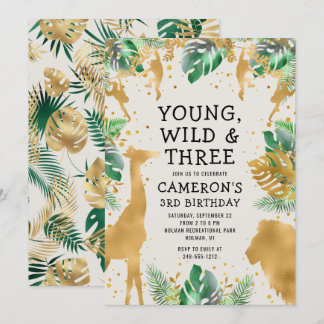 Young Wild Three Safari Green Ecru 3. Geburtstag Einladung