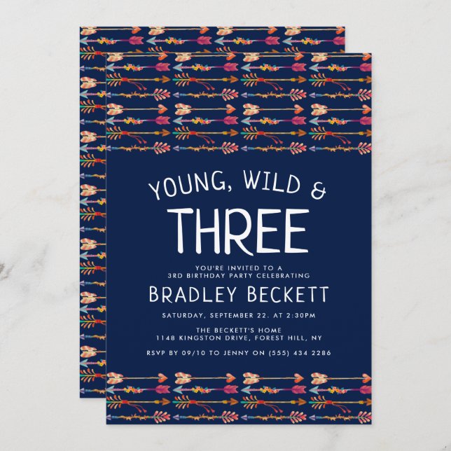 Young, Wild & Three Tribal Boho Arrows Birthday Einladung (Vorne/Hinten)
