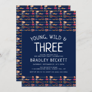 Young, Wild & Three Tribal Boho Arrows Birthday Einladung