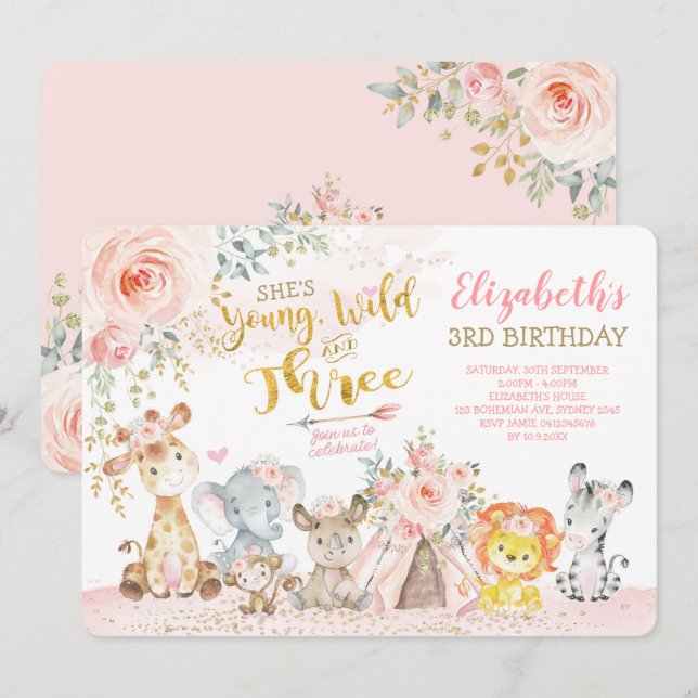 Young Wild & Three Tribal Jungle Girl 3. Geburtsta Einladung (Vorne/Hinten)