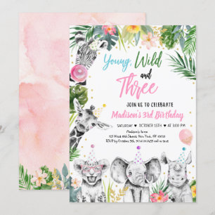 Young Wild & Three Tropical Safari Girl zum Geburt Einladung
