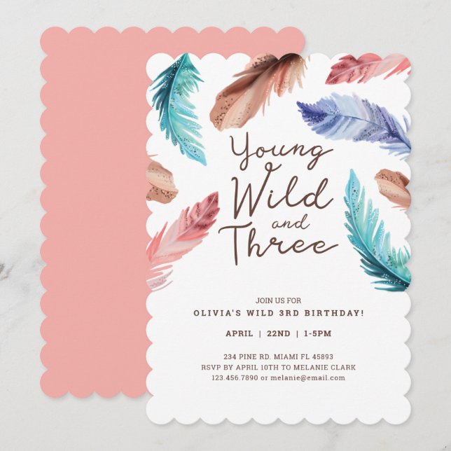 Young Wild & Three Watercolor Boho Feathers Einladung (Vorne/Hinten)